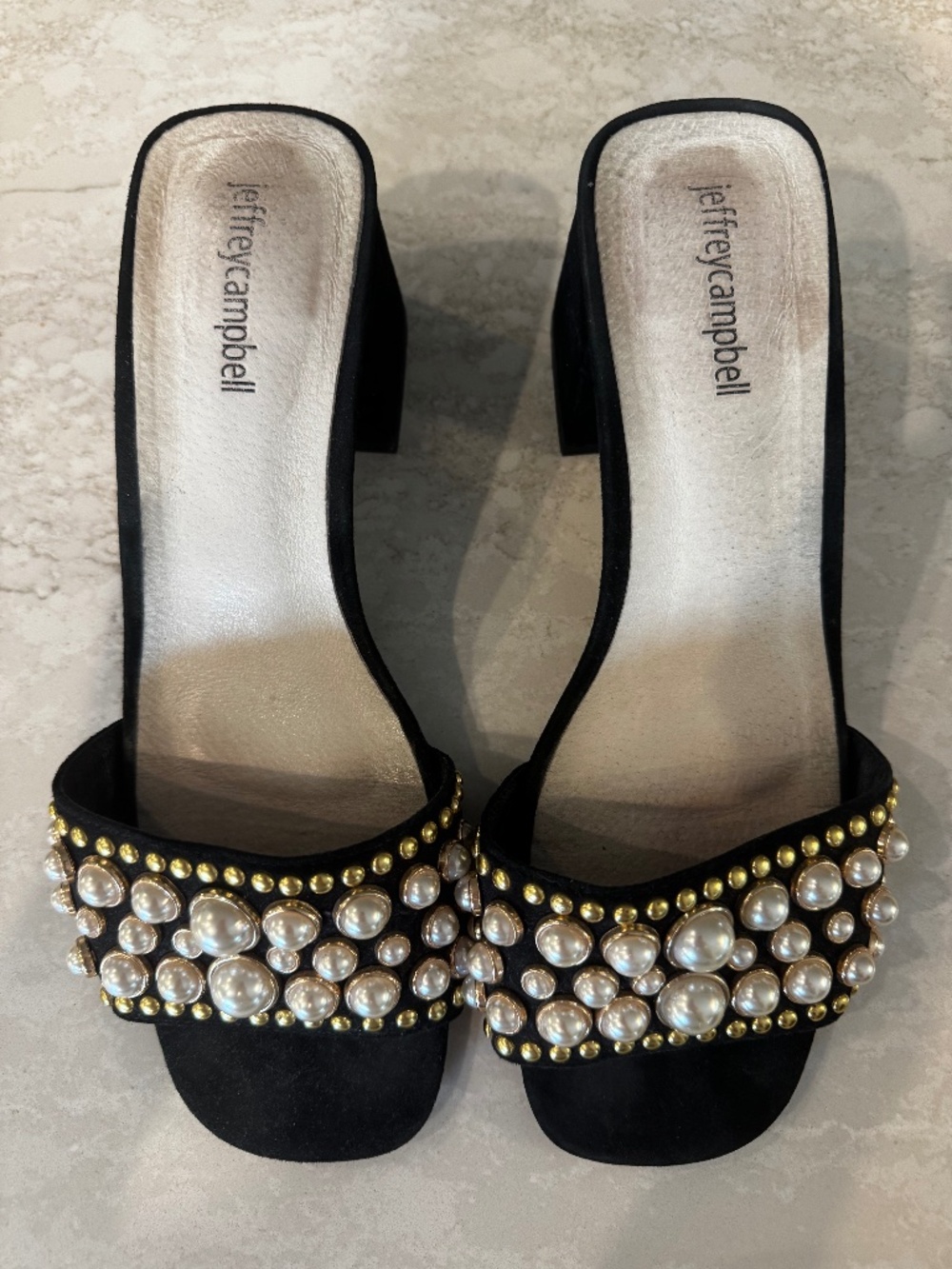 Jeffrey Campbell Black Pixie Pearl Block Heel Sandals Size 8.5